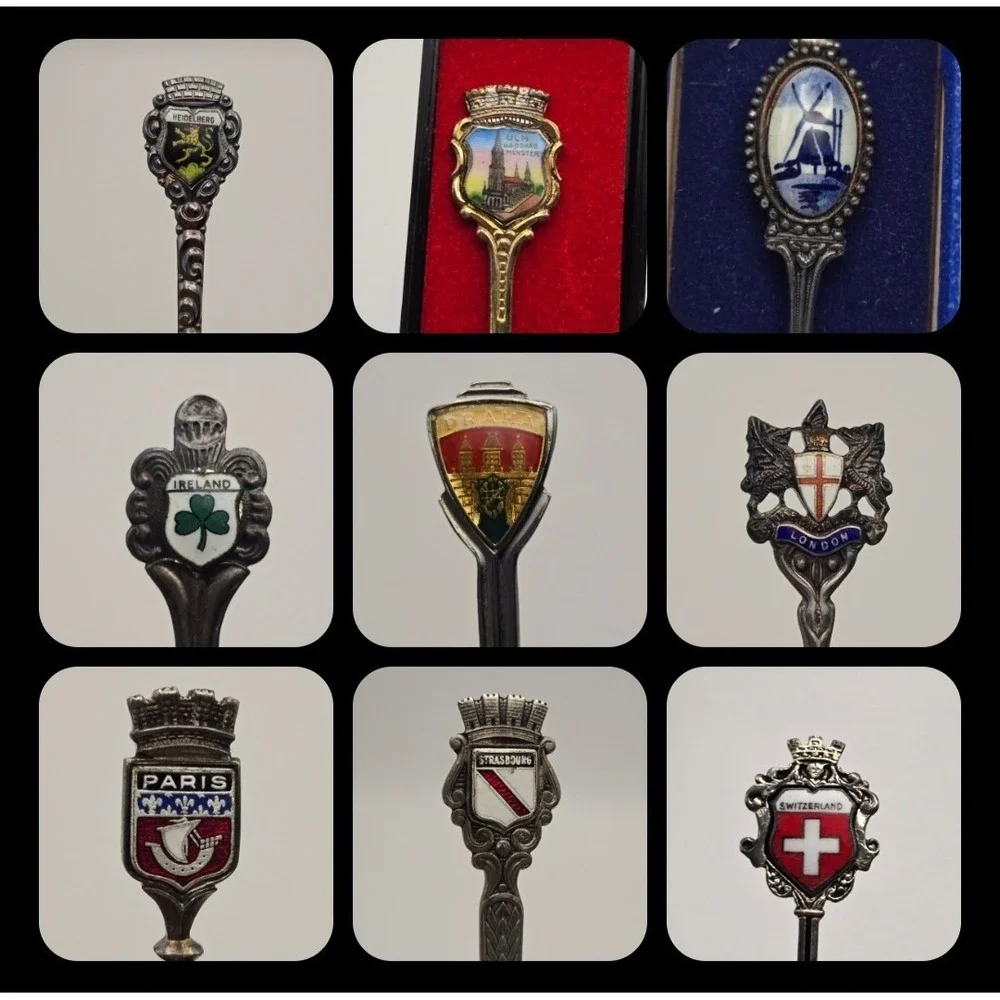 Vintage Lot of 9 European Souvenir Collector Spoons Enamel Travel Set Multi-City